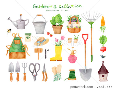 Hand-painted watercolor | Gardening tool illustration set 76819537
