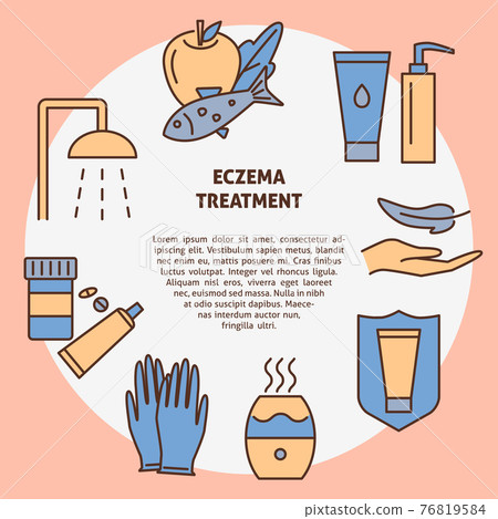 Eczema treatment round concept banner in line style with text Eczema treatment round concept banner in line style with text 76819584