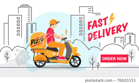 scooter delivery man delivers a parcel in the city along the route, man is in a hurry to fast delivery of mail, goods from the store or food from restaurants, vector illustration scooter delivery man delivers a parcel in the city along the route, man is in a hurry to fast delivery of mail, goods from the store or food from restaurants, vector illustration 76820155
