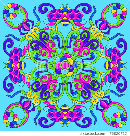 Mexican talavera ceramic tile pattern with stylized bugs and insects. Traditional decorative objects. 76820712