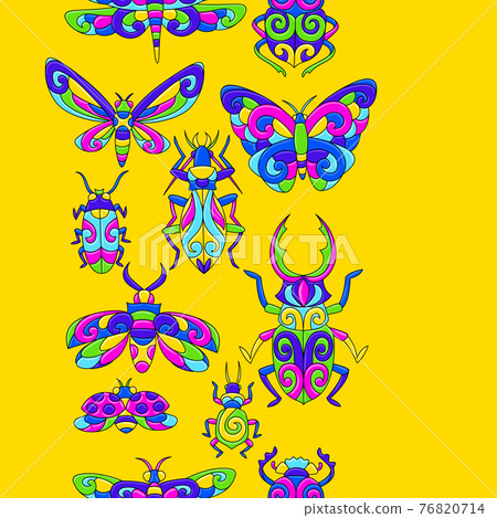 Seamless pattern with stylized bugs and insects. Mexican ceramic cute naive art. Seamless pattern with stylized bugs and insects. Mexican ceramic cute naive art. 76820714
