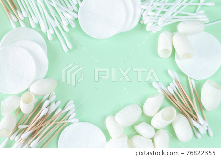 Frame of organic skin care products pads cotton swabs silkworm cocoons 76822355