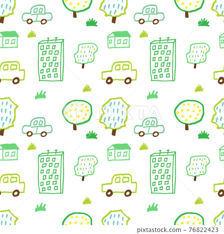 Seamless illustration with city life, houses, trees, cars. Trendy modern texture for fabric, wallpaper, textile and apparel. Seamless illustration with city life, houses, trees, cars. Trendy modern texture for fabric, wallpaper, textile and apparel. 76822423