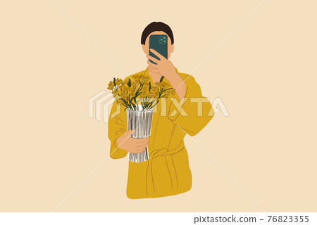 Woman make a selfie in bathrobe holding vase with flowers  76823355