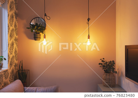 Cozy retro living room modern interior with colorful furniture, Hanging light bulb and modern style decoration closeup Cozy retro living room modern interior with colorful furniture, Hanging light bulb and modern style decoration closeup 76823480