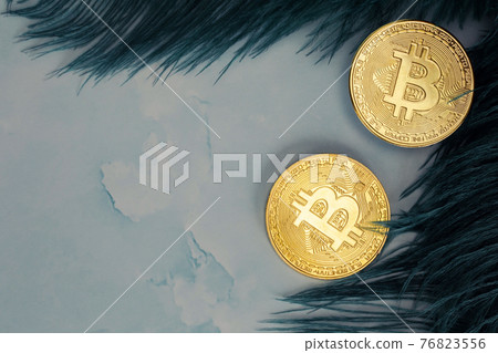 Golden Bitcoins Cryptocurrency top view stack of Digital coins on gray marble desk table green feathers background.Flat lay blank text.Copy space for word. Golden Bitcoins Cryptocurrency top view stack of Digital coins on gray marble desk table green feathers background.Flat lay blank text.Copy space for word. 76823556
