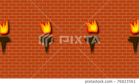 Brick red wall with burning bright torches in cartoon style, 3d rendering backdrop, computer generated Brick red wall with burning bright torches in cartoon style, 3d rendering backdrop, computer generated 76823561