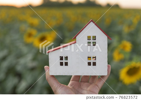 Model of small white house in men hand. Green and yellow background. Concept of rental or real estate 76823572