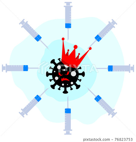 Angry aggressive black virus coronavirus covid-19 with a royal crown on its head surrounded by syringes with vaccine medicine. Fighting the epidemic 76823753