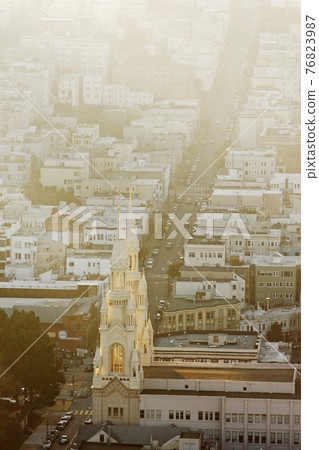 A panoramic view of the Holy Boduo Church under the setting sun. Fujinshan Scenic Spot, California. 76823987
