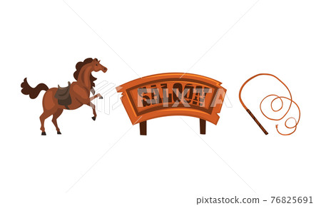 Wild West Symbols Set, Wooden Western Saloon Sign Board, Horse, Leather Whip Cartoon Vector Illustration Wild West Symbols Set, Wooden Western Saloon Sign Board, Horse, Leather Whip Cartoon Vector Illustration 76825691