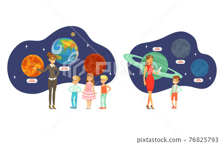 People Visiting Exhibition in Planetarium Set, Visitors Watching Models of Planets Cartoon Vector Illustration 76825793