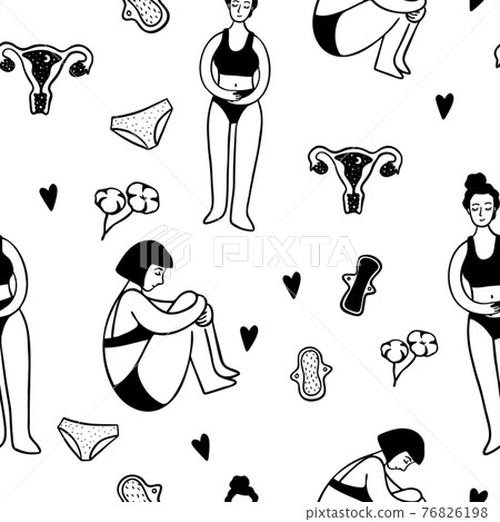 hand drawn menstrual seamless pattern. Vector illustration isolated. doodle period collection. women pattern with caps, Cotton, pads, panties, girls body. Eco zero weste concept. 76826198