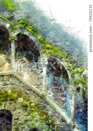 A beautiful image of the wall of a tower with windows and stairs from inside. 76826232