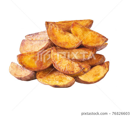 bunch of fried potato wedges isolated on a white background. 76826603