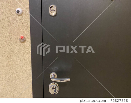 New black metal entrance door with a bell and a security alarm with a keyhole in the entrance hallway 76827858