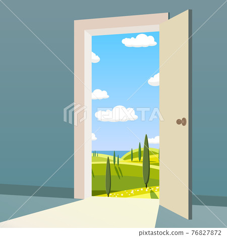 Open Door to nature way. Landscape valley symbol freedom, new way exit, discovery, opportunities. Motivation concept to real world. Vector illustration cartoon style poster banner Open Door to nature way. Landscape valley symbol freedom, new way exit, discovery, opportunities. Motivation concept to real world. Vector illustration cartoon style poster banner 76827872