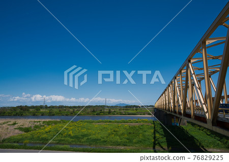 Rusted Mefuki Bridge and Mt. Tsukuba in the distance 76829225