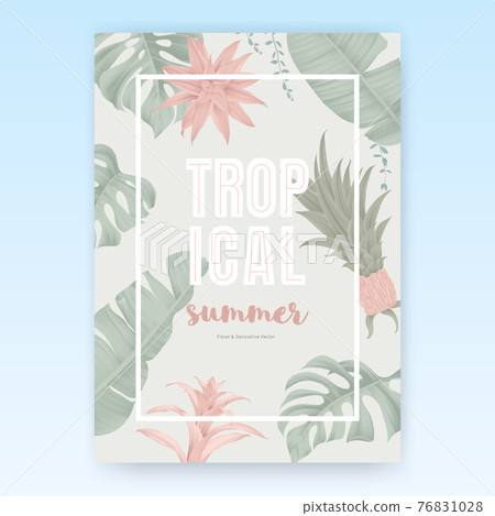 Summer poster template design, tropical green leaves on light green background, pastel vintage style Summer poster template design, tropical green leaves on light green background, pastel vintage style 76831028
