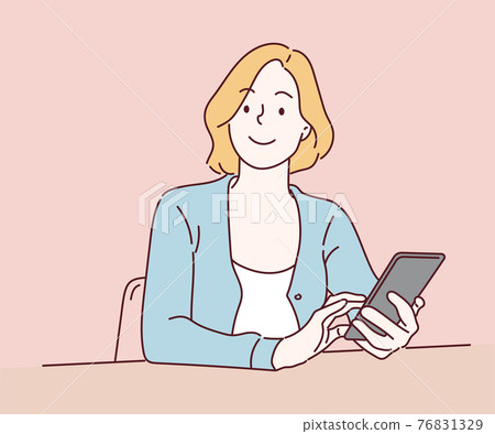 Young smiling business woman using smartphone. Hand drawn in thin line style, vector illustrations. 76831329