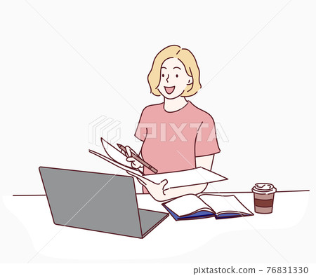 Young woman working from home using laptop computer. Hand drawn in thin line style, vector illustrations. 76831330