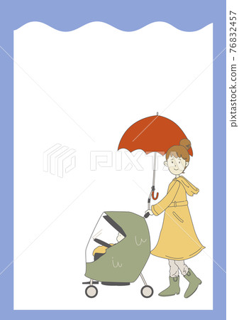 Illustration vertical frame of a woman wearing a raincoat on a rainy day pushing a stroller Illustration vertical frame of a woman wearing a raincoat on a rainy day pushing a stroller 76832457