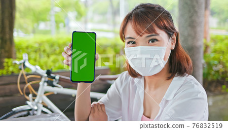 woman wear facemask show phone 76832519