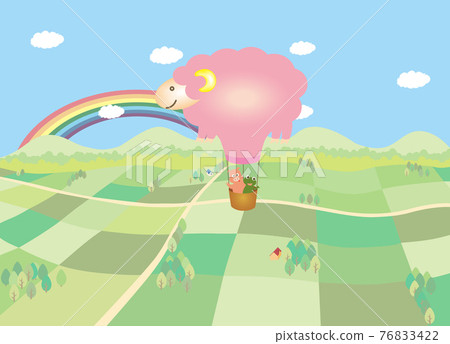A sheep-shaped hot-air balloon with a frog and a pig floating on a rural landscape with a rainbow in the sky 76833422