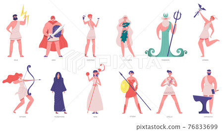 Ancient olympic gods. Greek gods and goddesses, zeus, poseidon, athena, dionysus and ares. Olympic gods cartoon characters vector illustration set 76833699