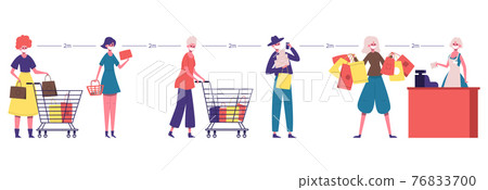Supermarket line. Social distancing people queue, safe distance at grocery store. Man and woman maintain social distance vector illustration 76833700