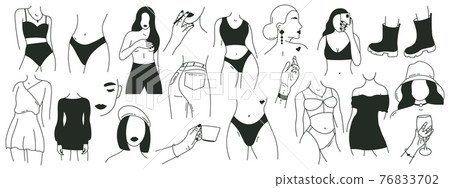 Minimalist faceless woman. Outline graceful female body parts, modern faceless lady elements. Hand drawn fashion girls elements vector illustration set 76833702
