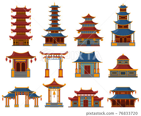 Chinese buildings. Architectural asian temples, palaces and pagoda houses, china cultural objects vector illustration set. Oriental traditional buildings Chinese buildings. Architectural asian temples, palaces and pagoda houses, china cultural objects vector illustration set. Oriental traditional buildings 76833720