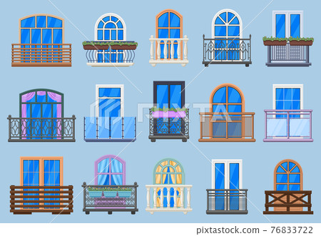 House facade balconies. Balcony, terrace fencing, house architecture facade balconies isolated vector illustration set. Balcony windows with railing fences House facade balconies. Balcony, terrace fencing, house architecture facade balconies isolated vector illustration set. Balcony windows with railing fences 76833722