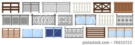 Balcony railing. Metal, wooden and stone decorative balcony fences, terrace fencing isolated vector illustration set. Home facade balcony elements 76833723