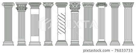 Ancient classic pillars. Greek and roman architecture pillars, historic architectural columns isolated vector illustration set. Antique classic columns 76833733