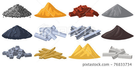 Construction materials. Building material piles, gravel, sand, bricks and crushed stone piles. Heaps of building materials isolated vector illustration set Construction materials. Building material piles, gravel, sand, bricks and crushed stone piles. Heaps of building materials isolated vector illustration set 76833734