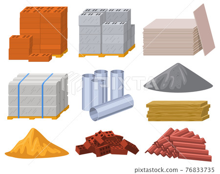 Building materials. Construction industry bricks, cement, wooden planks and metal pipes vector illustration set. Building insulation or roofing materials Building materials. Construction industry bricks, cement, wooden planks and metal pipes vector illustration set. Building insulation or roofing materials 76833735
