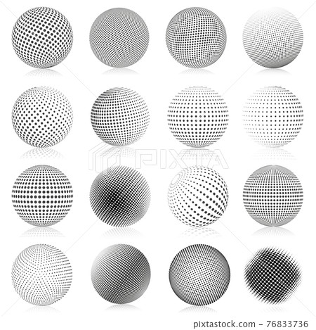 Halftone sphere. Abstract gradient dotted texture globe elements, round halftone vector symbols illustration set. Spherical dotted shapes Halftone sphere. Abstract gradient dotted texture globe elements, round halftone vector symbols illustration set. Spherical dotted shapes 76833736