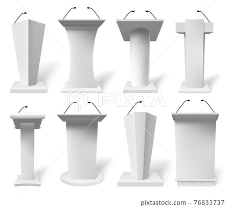 Realistic speech tribune. Debate tribune podiums with microphone, 3d public presentation tribune vector illustration set. White podium tribune mockups 76833737