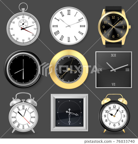 Realistic clocks. Wristwatch, alarm clock and silver metal wall clocks, 3D clock face vector illustration set. Round analog clocks Realistic clocks. Wristwatch, alarm clock and silver metal wall clocks, 3D clock face vector illustration set. Round analog clocks 76833740