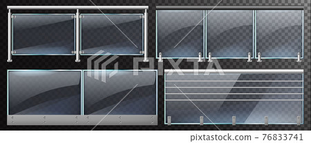 Realistic glass fences. Home stairway or balcony glass balustrade with steel railings vector illustration. Glass balustrade with metal pillars 76833741