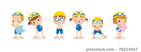 Illustration set of cute little children wearing school swimsuits and getting ready for swimming school Illustration set of cute little children wearing school swimsuits and getting ready for swimming school 76834087