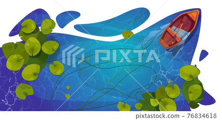 Wooden boat on lake top view, natural background Wooden boat on lake top view, natural background 76834618