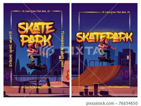 Skate park posters with boy on skateboard at night 76834650