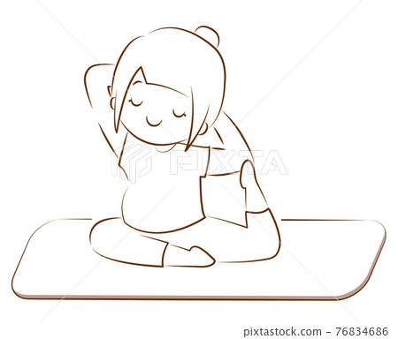 Line drawing illustration of a pregnant woman doing a yoga dove pose 76834686
