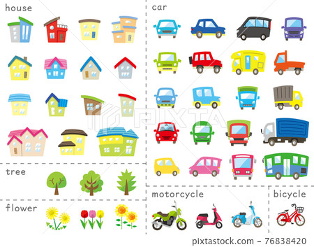 House, car, motorcycle, tree and flower icon set (color) First string classification version 76838420