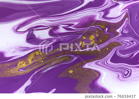 Mixed ink artwork texture. Liquid marble violet background with gold layers. 76838437