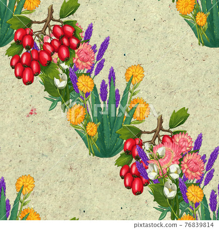 Hand drawn medicinal plant seamless pattern. Healing herbs drawing on craft paper. 76839814