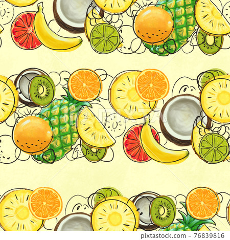 Hand drawn seamless pattern. Summer background with exotic fruits. Hand drawn seamless pattern. Summer background with exotic fruits. 76839816