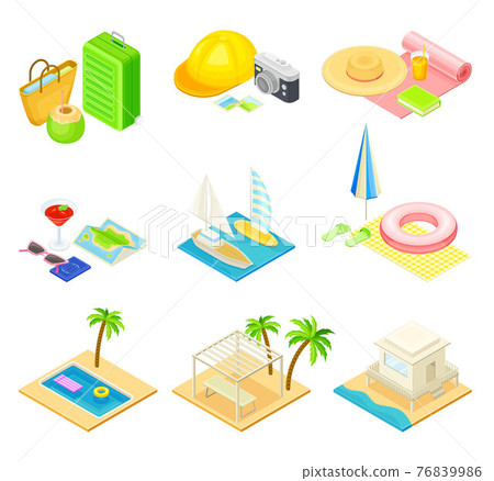 Beach Vacation Elements with Sand, Water and Sun Umbrella Isometric Vector Set Beach Vacation Elements with Sand, Water and Sun Umbrella Isometric Vector Set 76839986